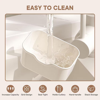 White container being rinsed with water, labeled 'Easy to Clean' with features listed below.