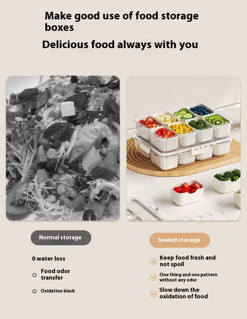Advertisement for food storage boxes with text and images of food.
