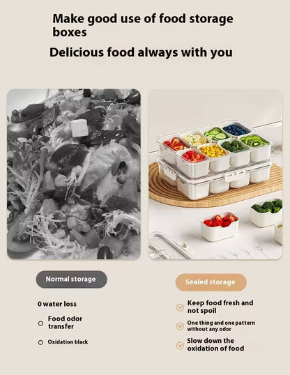 Advertisement for food storage boxes with text and images of food.