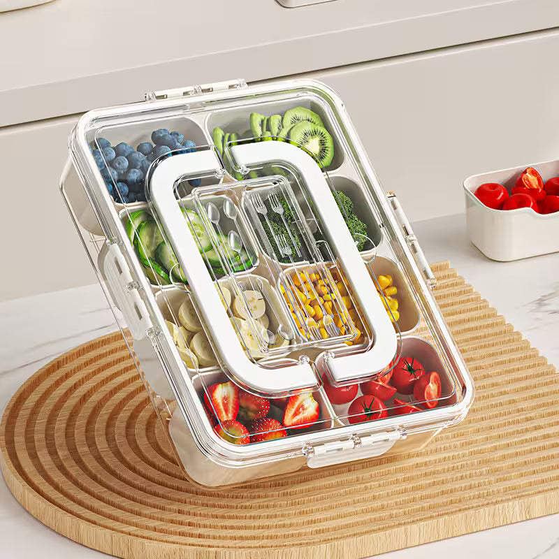 Transparent bento box with compartments filled with various fruits and vegetables on a wooden cutting board.