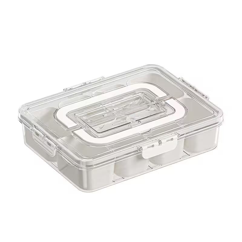 Clear plastic tackle box with a lid on a white background