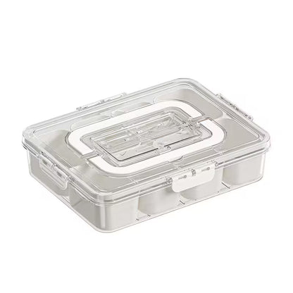 Clear plastic tackle box with a lid on a white background