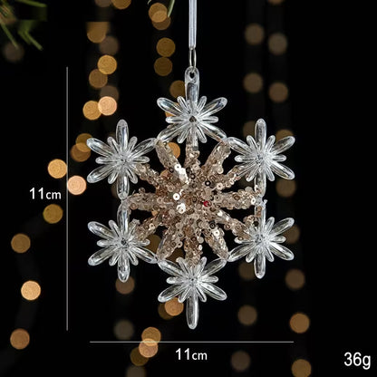 Decorative snowflake ornament with measurements and weight on a blurred light background