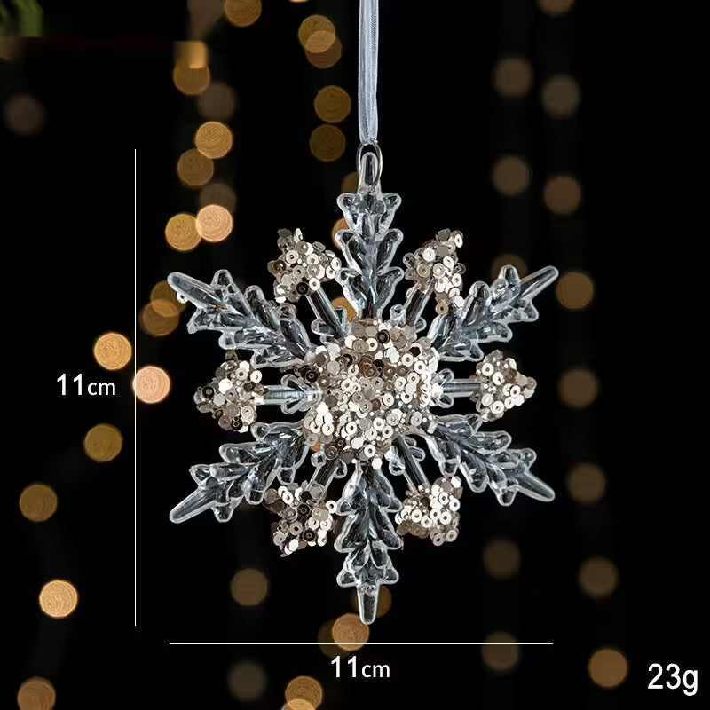 Decorative snowflake ornament with measurements and weight on a blurred light background