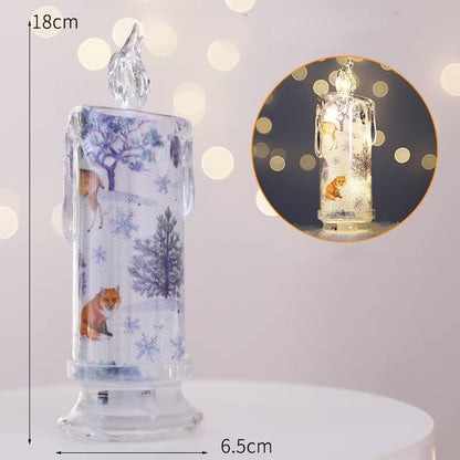 Decorative glass lantern with fox and tree design, illuminated with fairy lights, on a white background.