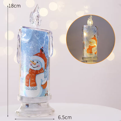 Decorative glass lantern with a snowman design, showing dimensions and inset of interior lights.