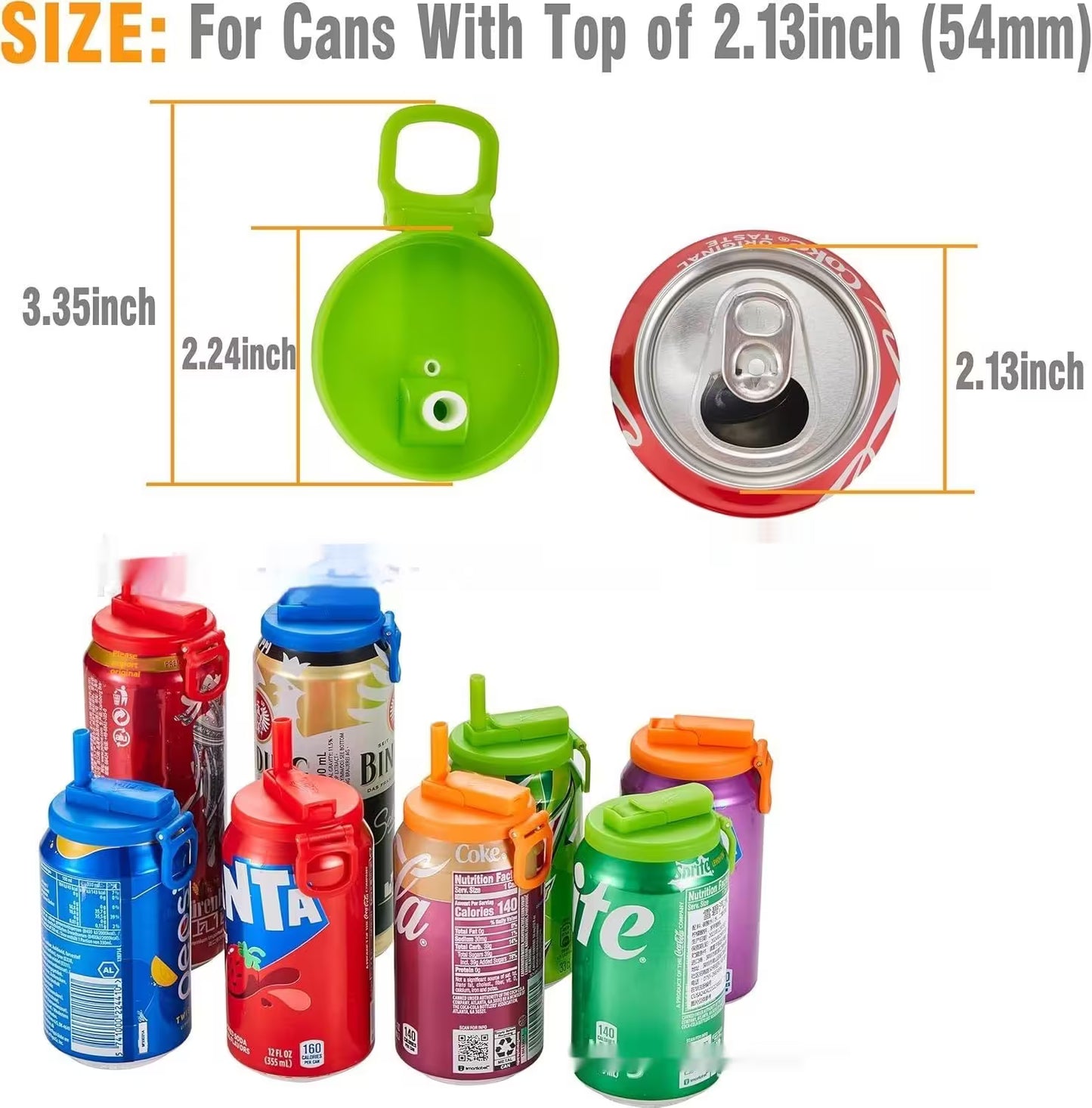 Colorful can coolers with dimensions and a can for scale on a white background