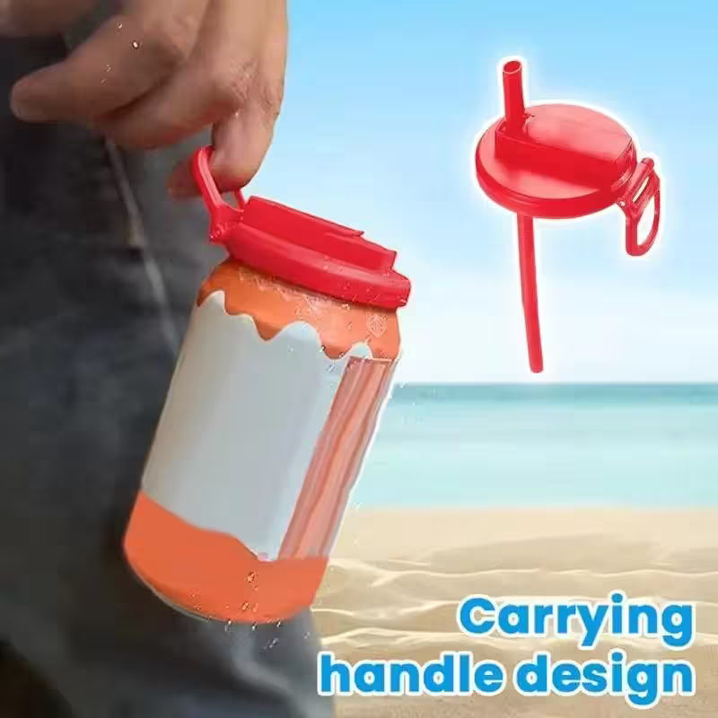 Silicone cup with red lid and handle on a beach background