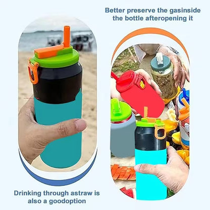 Colorful water bottle with straw and lid, used outdoors.