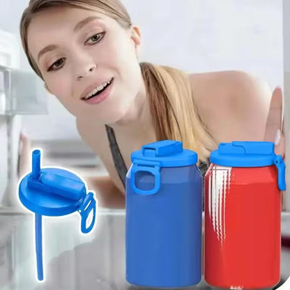 Woman with two water bottles, one blue and one red, on a blurred background