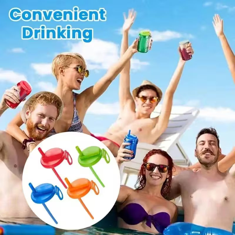 People enjoying a pool party with colorful drinking straws inset.