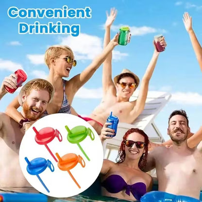 People enjoying a pool party with colorful drinking straws inset.