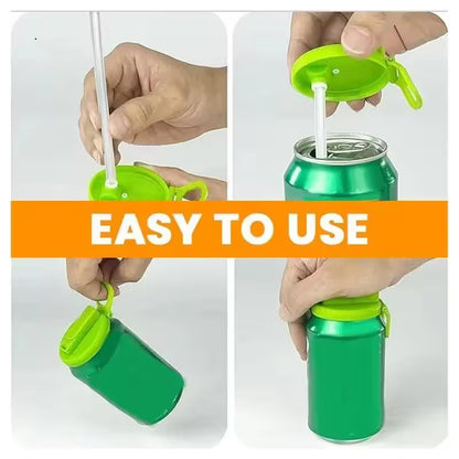 Green drink container with straw lid being used, labeled 'EASY TO USE'.
