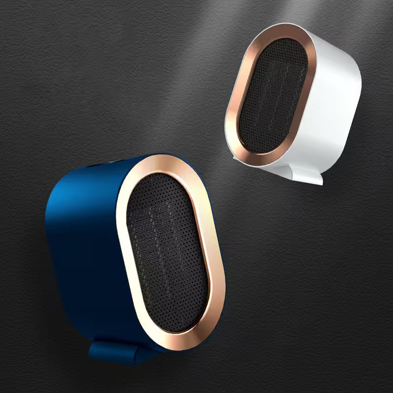 Two wall-mounted speakers, one blue and gold, the other white and gold, on a dark textured background.