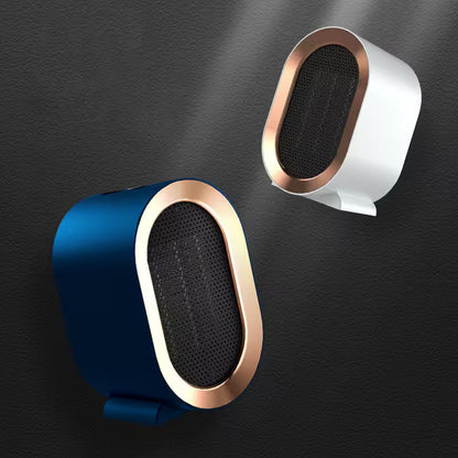 Two wall-mounted speakers, one blue and gold, the other white and gold, on a dark textured background.