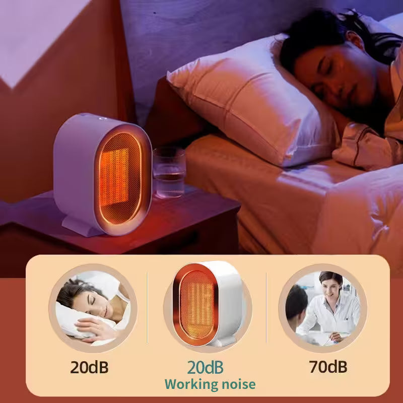 Person sleeping in bed with a small heater on a nightstand, showing noise levels.