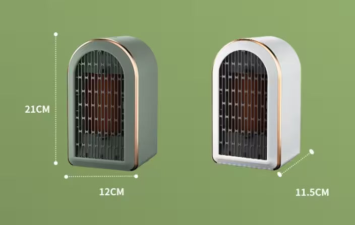 Two small heaters with dimensions labeled on a green background