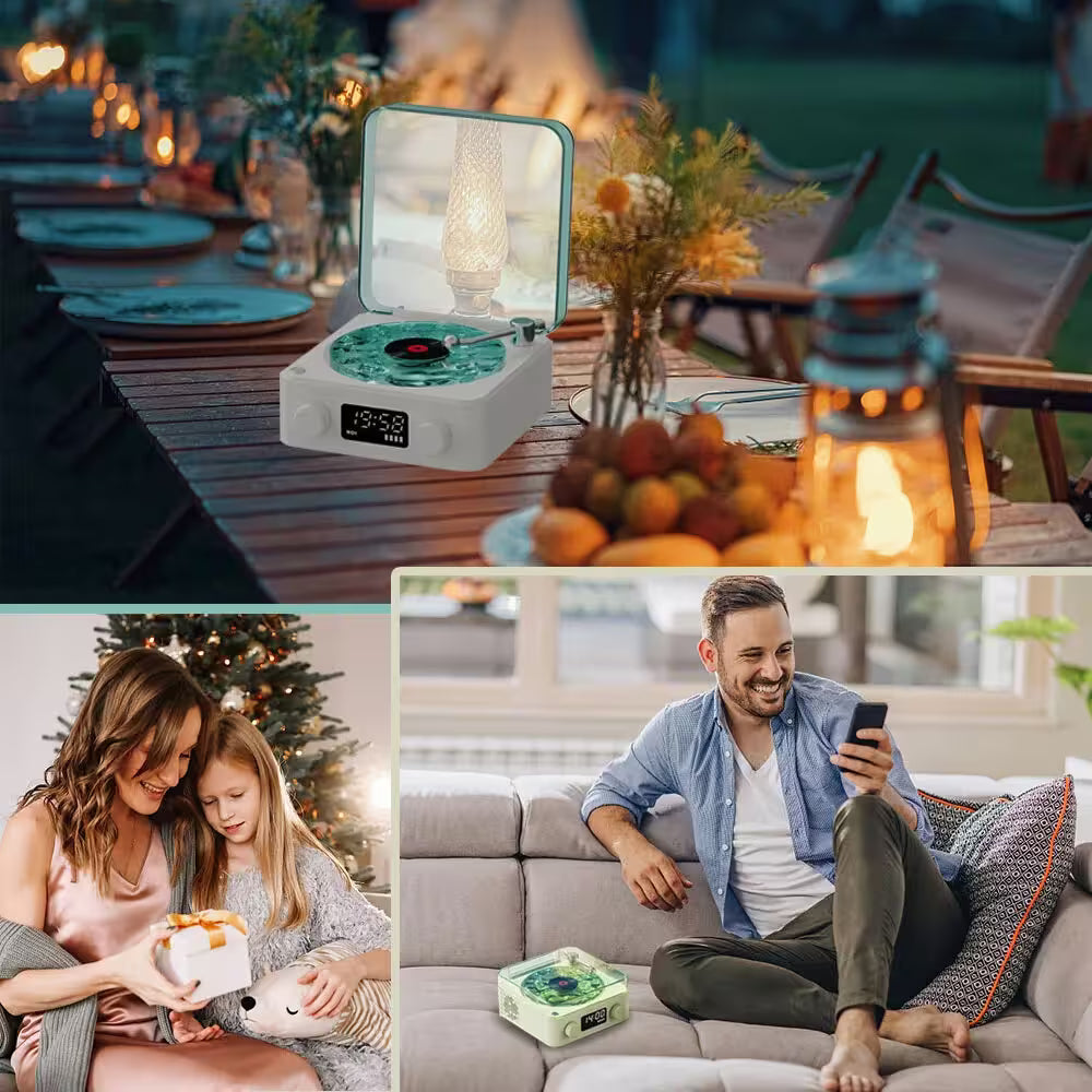 Collage of a small electronic device on a table, a family at Christmas, and a man on a couch with a phone.