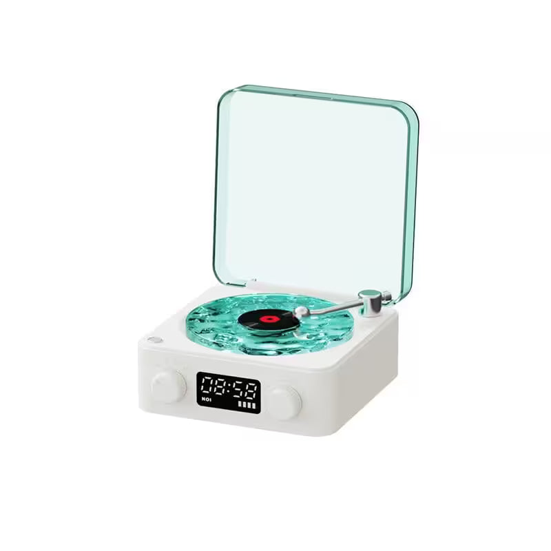 Small record player with a digital display on a white background