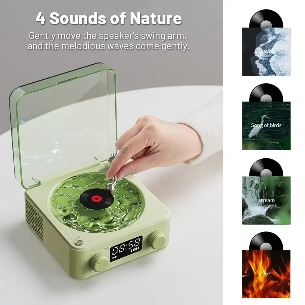 Green record player with a hand interacting with it, alongside images of vinyl records labeled '4 Sounds of Nature'.