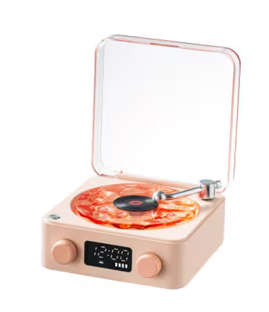 Miniature record player with a pink base and clear top on a white background