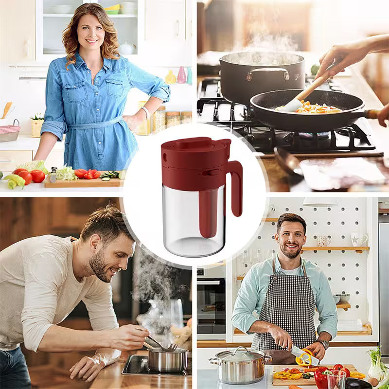 Collage of people cooking in a kitchen with a close-up of a red and clear kitchen product.