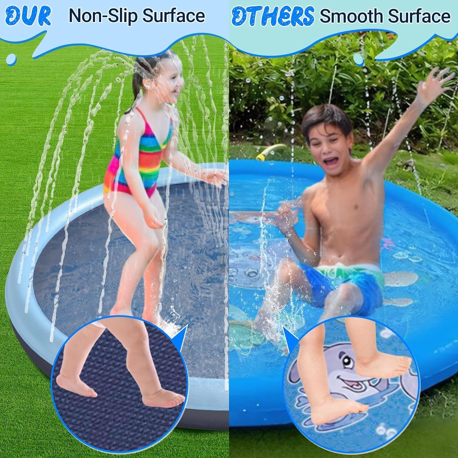 👍NON-SLIP DESIGN: When playing with water on splash mat, 4-8 ages children are easy to fall and be injured. The non-slip texture is designed to increase grip and allow children to enjoy the water Sprinkler in the backyard while ensuring safety.