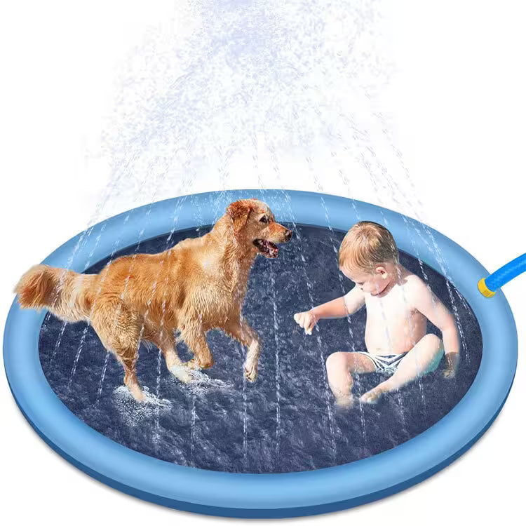Inflatable pool with a dog and child playing in water