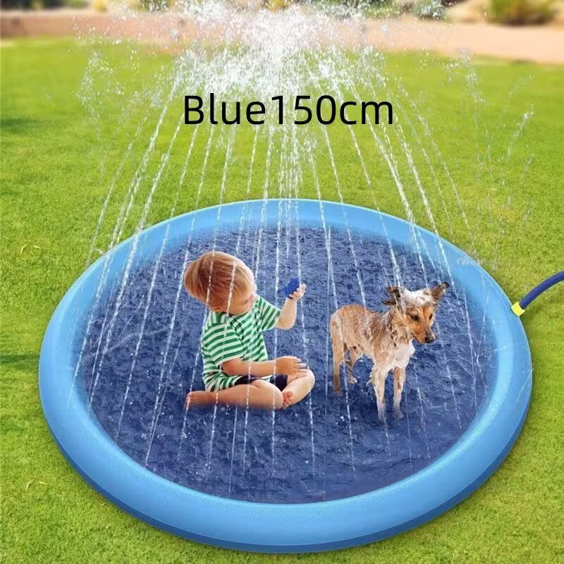 Blue inflatable sprinkler pad with water splashing, child, and dog on grass