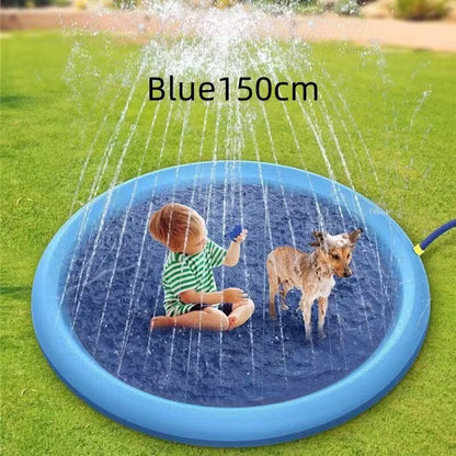 Blue inflatable sprinkler pad with water splashing, child, and dog on grass
