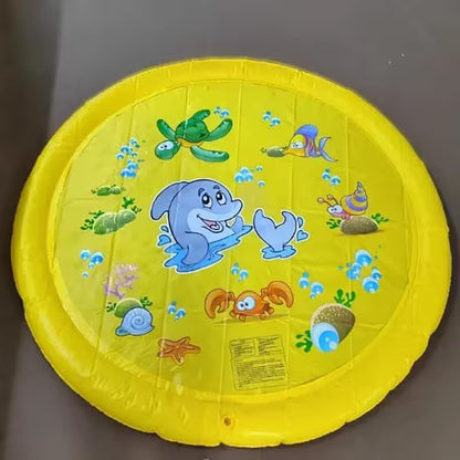 Yellow inflatable pool with cartoon sea animals on a gray background