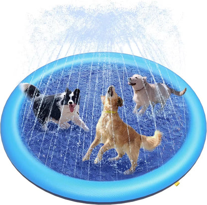 Blue inflatable splash pad with dogs playing and water spraying