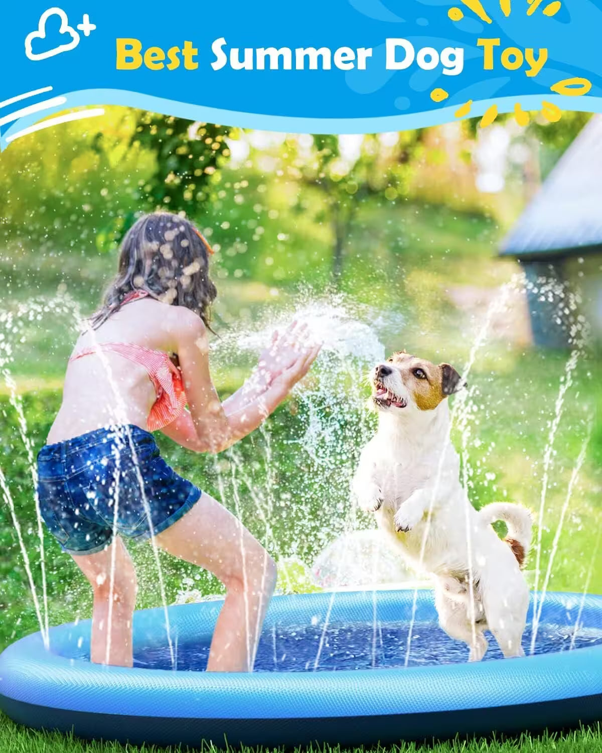Child and dog playing with a sprinkler on a sunny day