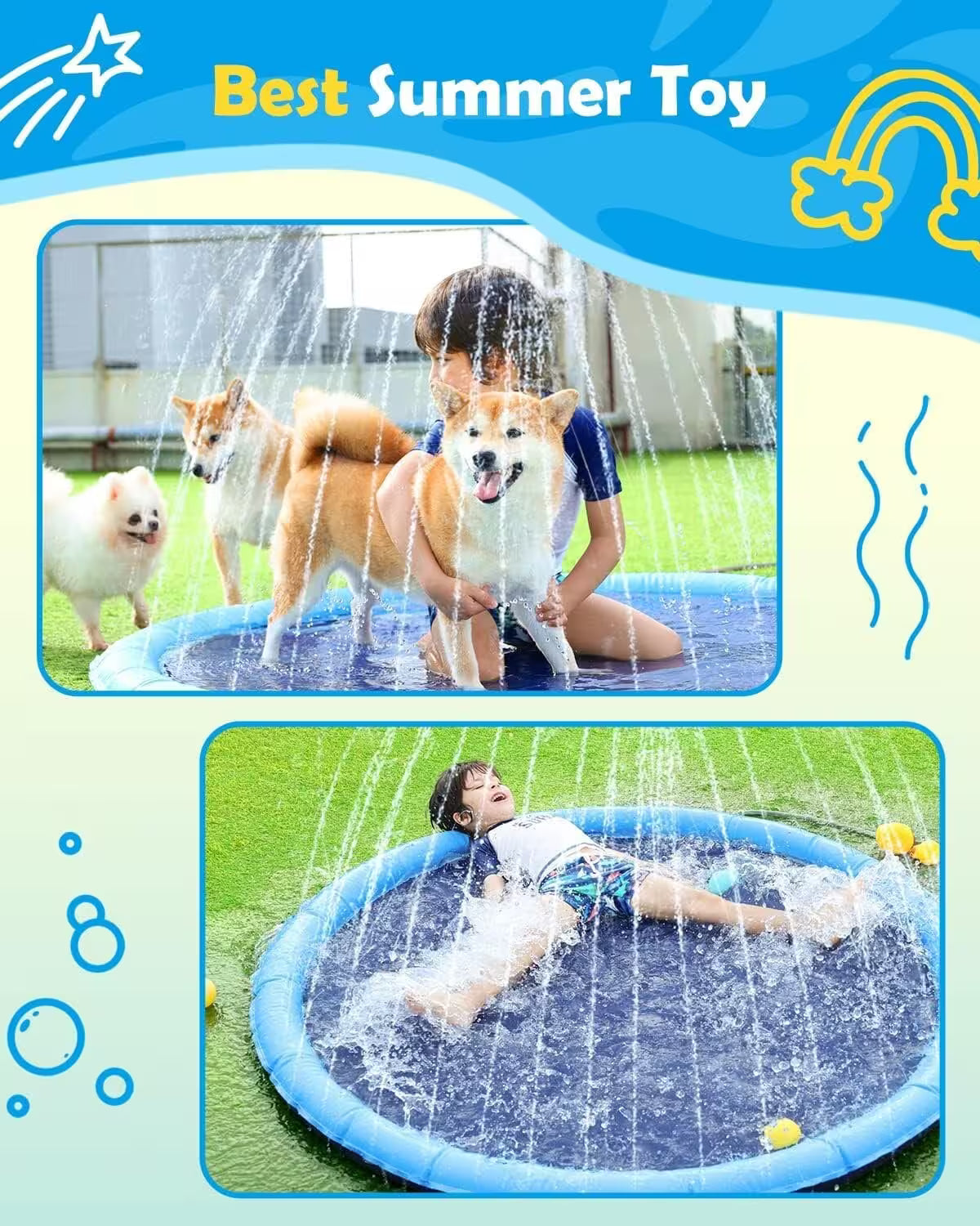 Children playing with a sprinkler pad outdoors, surrounded by dogs.