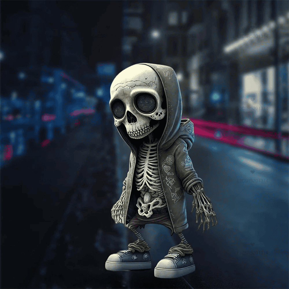 Skeleton character in a hoodie standing on a city street at night.