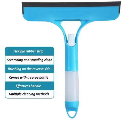 Blue squeegee with features listed on a white background