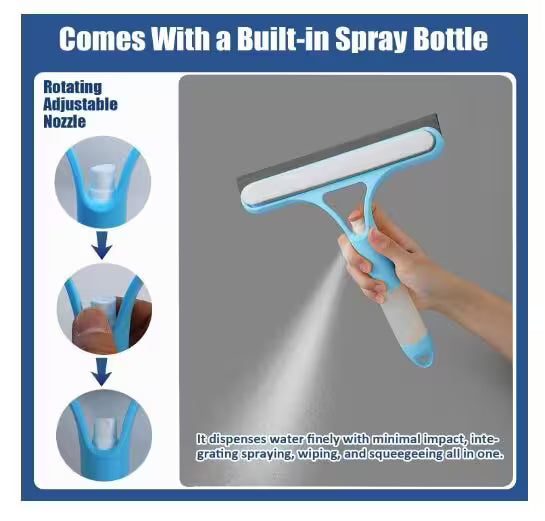 Cleaning tool with built-in spray bottle and squeegee, featuring a hand demonstrating its use.