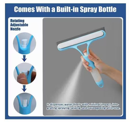 Cleaning tool with built-in spray bottle and squeegee, featuring a hand demonstrating its use.