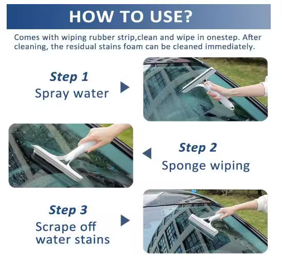 Instructions on how to use a car window cleaning tool with step-by-step images and text.
