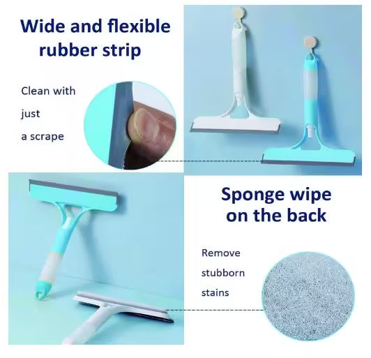 Glass cleaning tool with wide and flexible rubber strip and sponge wipe on a blue background