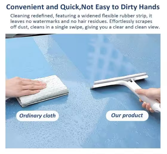 Cleaning tool with a widened flexible rubber strip compared to an ordinary cloth on a blue surface.