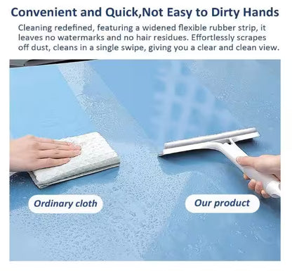 Cleaning tool with a widened flexible rubber strip compared to an ordinary cloth on a blue surface.