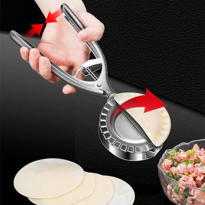 Dough press being used to make dumplings with a black background