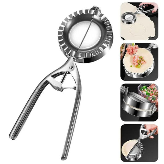 Metallic cookie cutter with usage examples on a white background