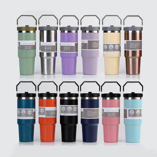 Set of insulated travel mugs in various colors on a white background