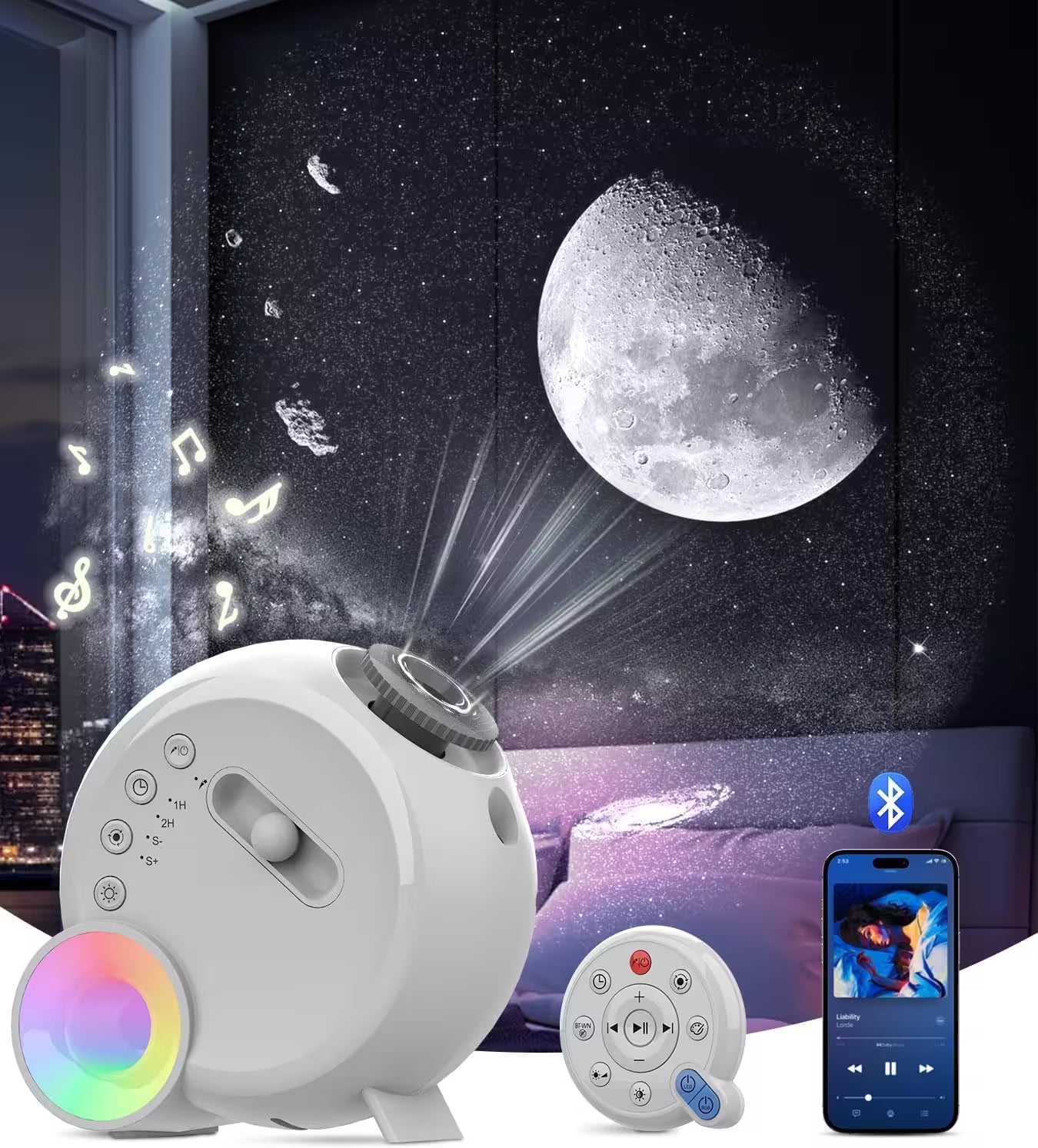 White night light projector with remote control and smartphone app on a dark background
