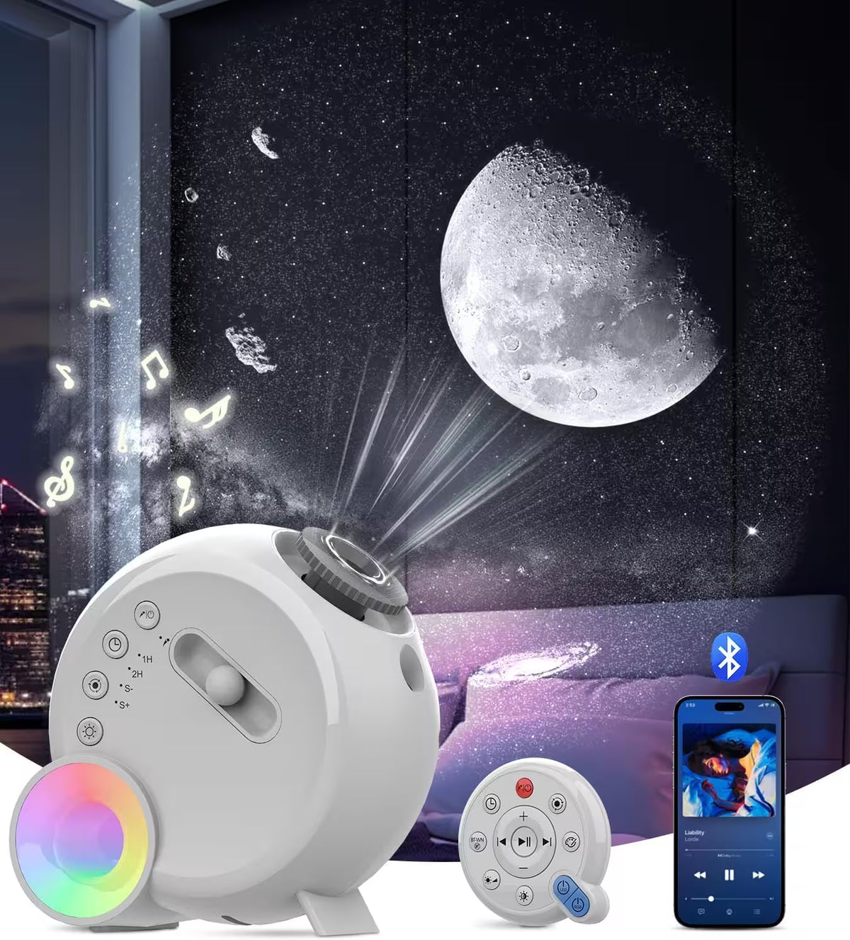 White night light projector with remote control and smartphone app on a dark background
