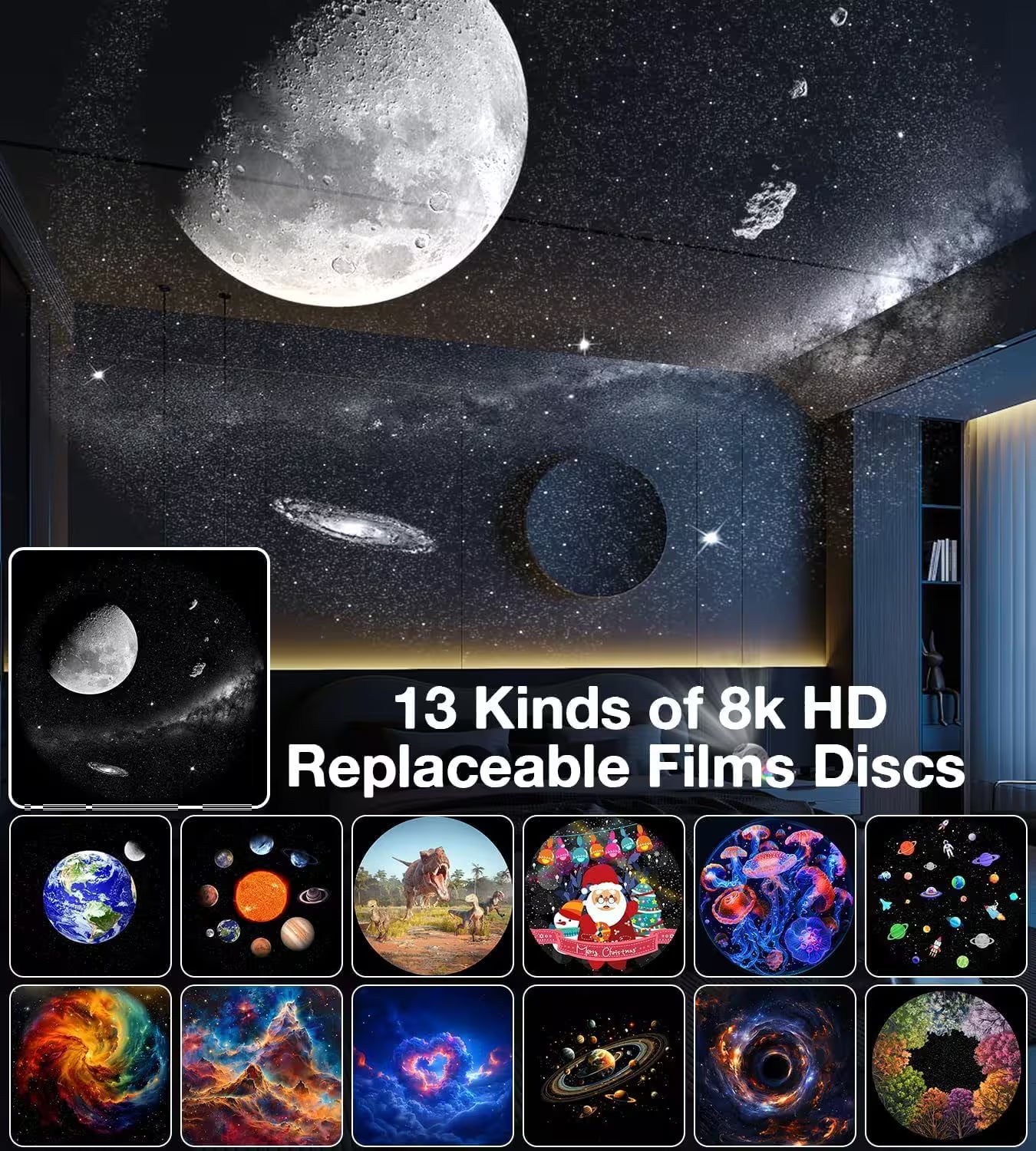 Starry night sky wall mural with replaceable films discs and various planet images.