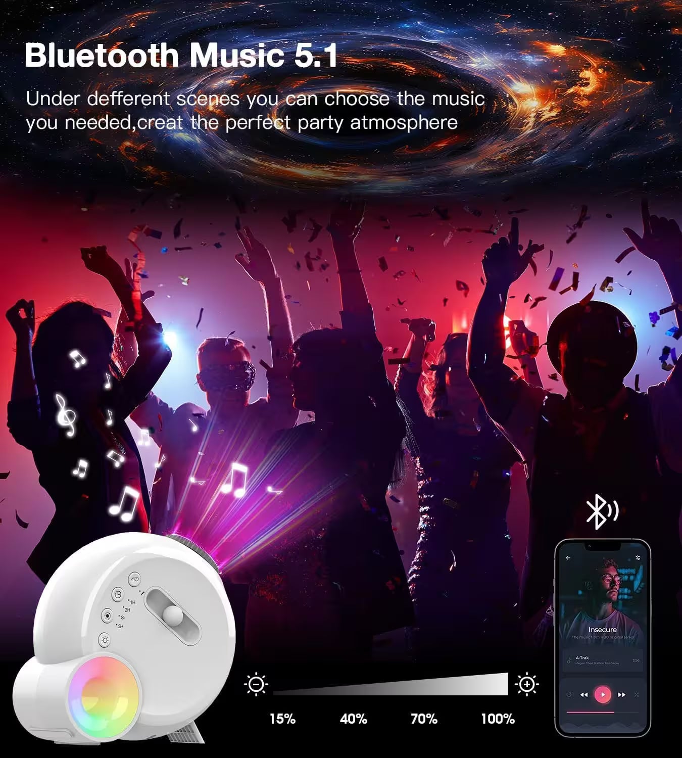 Bluetooth music device with smartphone app interface, people dancing in a club setting, and space-themed background.