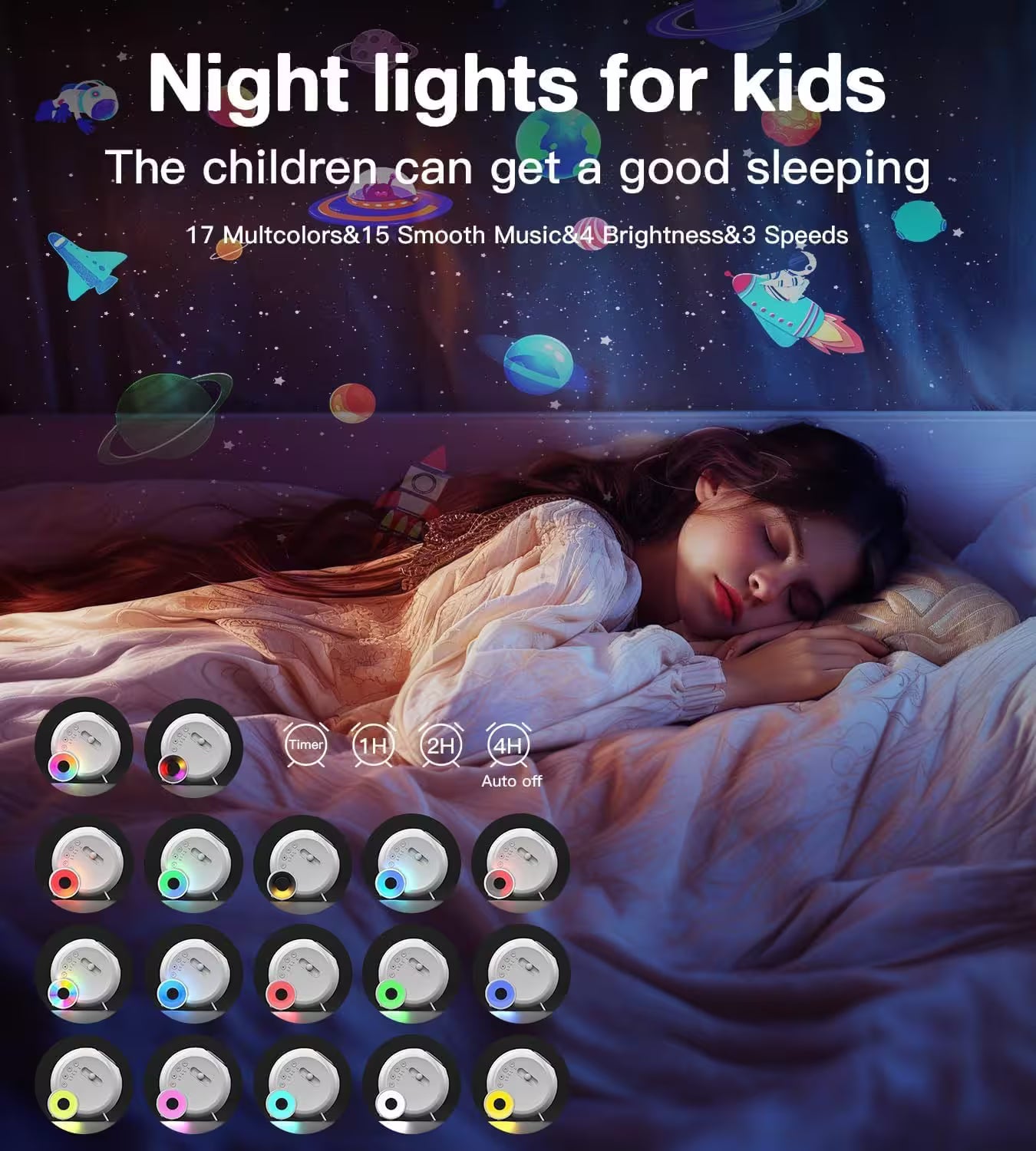 Child sleeping with night light on, surrounded by space-themed decorations.